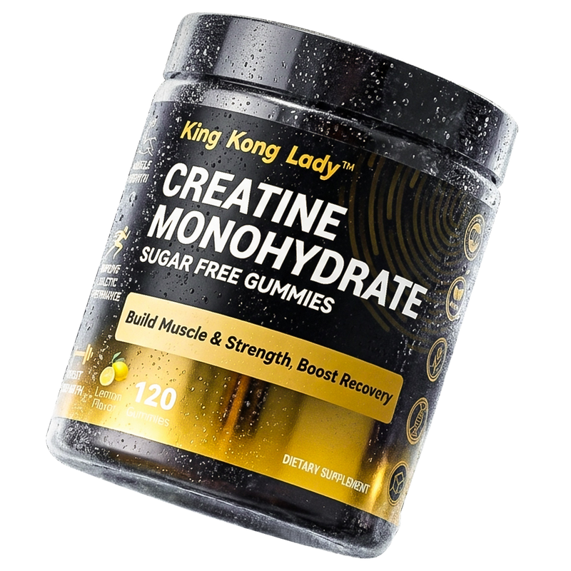 Close-up of a KingKongLady creatine monohydrate sugar-free gummies jar with water droplets.