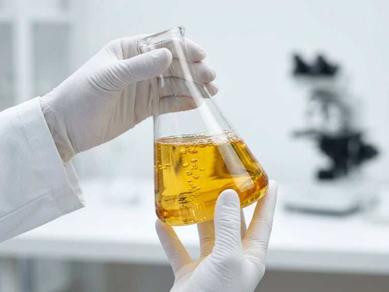 Gloved hands holding a flask of yellow liquid in a laboratory.